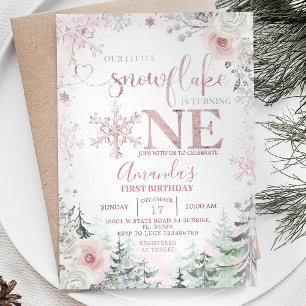 Invitation Notre petit Snowflake Pastel Fleurs roses Annivers