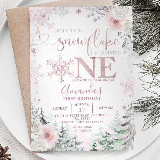 Invitation Notre petit Snowflake Pastel Fleurs roses Annivers