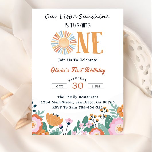 Invitation Notre petit soleil 1er anniversaire Boho Floral