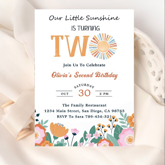 Invitation Notre petit soleil 2e anniversaire Boho Floral