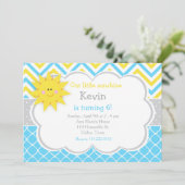 Invitation Notre petit Sunshine Blue et Jaune fête d'annivers (Debout devant)