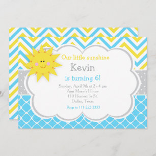 Invitation Notre petit Sunshine Blue et Jaune fête d'annivers