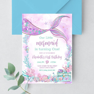 Invitation Notre petite Anniversaire de Sirène Violet Turquoi