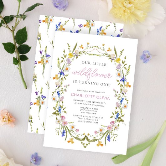 Invitation Notre Petite Aquarelle rose Fleur sauvage 1er Anni