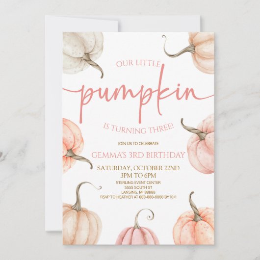 Invitation Notre Petite Citrouille Rose Blanc Automne fête d' (Devant)