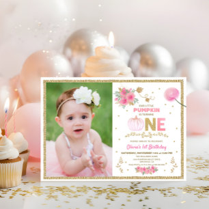 Invitation Notre petite citrouille rose et or fête son 1er an