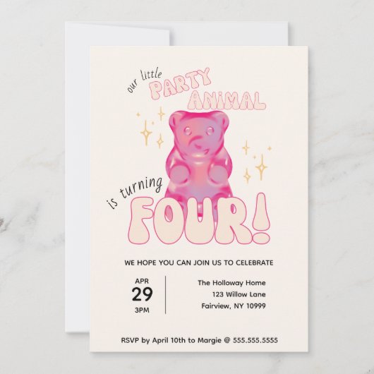 Invitation Notre petite fête Animal Gummy Bear 4e anniversair (Devant)