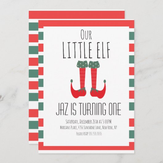 Invitation Notre petite fête d'anniversaire Elf- Elf Feet Fir (Devant / Derrière)