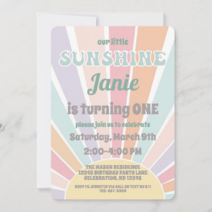 Invitation notre petite fille anniversaire rétro hippy soleil