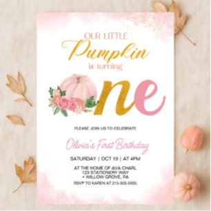 Invitation Notre Petite fille Citrouille rose et or 1er anniv