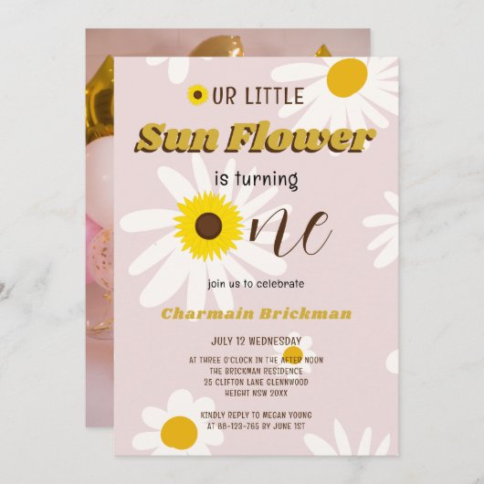 Invitation Notre petite fleur de soleil rose 1er anniversaire (Devant / Derrière)