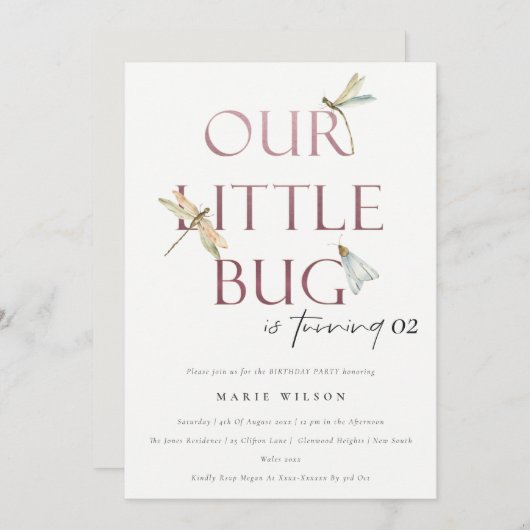 Invitation Notre Petite libellule rose Bug N'Importe Quel Âge (Devant / Derrière)