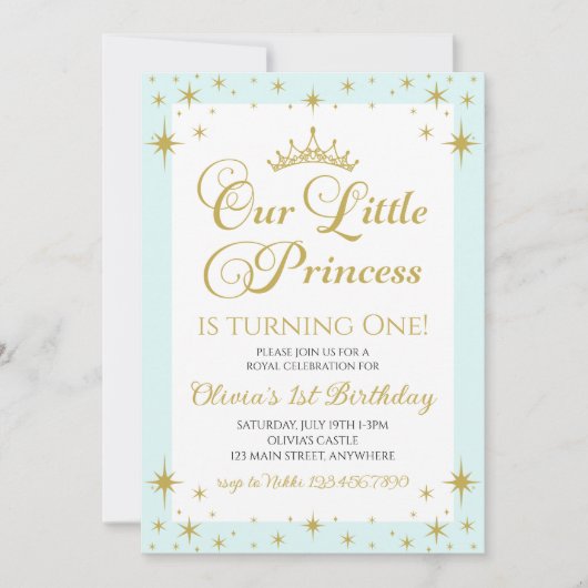 Invitation Notre Petite Princesse Royale d'or et Bleue Annive (Devant)