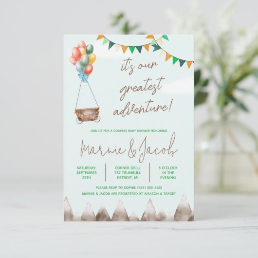 Invitation Notre plus grande aventure Baby shower neutre genr (Debout devant)