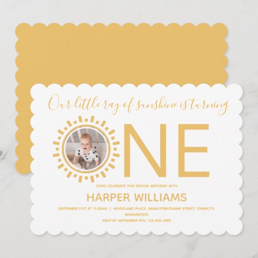 Invitation Notre rayon de soleil Photo Baby 1er anniversaire (Devant / Derrière)