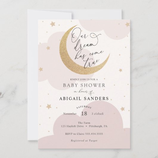 Invitation Notre rêve devient vrai Lune Baby shower rose (Devant)