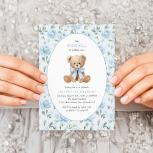 Invitation Noun ours, Nœud bleu, Fleurs bleues, Premier anniv