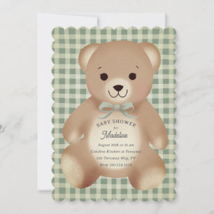 Invitation Nounours à l'arc en peluche Gingham Antique Sage