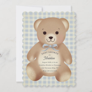 Invitation Nounours à l'arc en peluche Gingham Bleu Antique