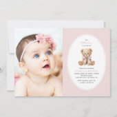 Invitation Nounours, Arc, Points roses, Premier Anniversaire (Devant)