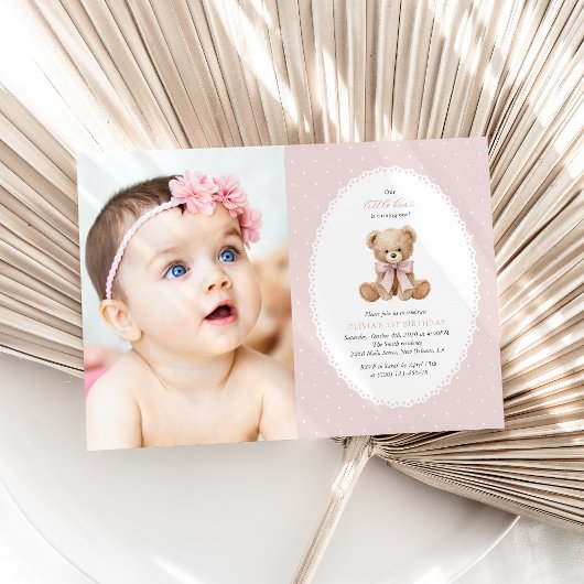 Invitation Nounours, Arc, Points roses, Premier Anniversaire