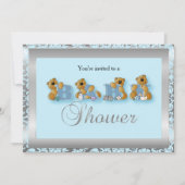 Invitation Nounours Argent et Bleu Damas | Baby shower (Devant)
