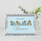 Invitation Nounours Argent et Bleu Damas | Baby shower (Debout devant)
