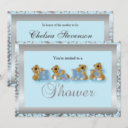Invitation Nounours Argent et Bleu Damas | Baby shower (Devant / Derrière)