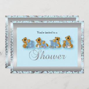 Invitation Nounours Argent et Bleu Damas   Baby shower