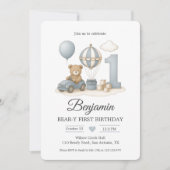 Invitation Nounours bleu & Montgolfière Premier anniversaire  (Devant)
