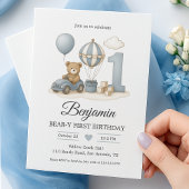 Invitation Nounours bleu & Montgolfière Premier anniversaire 