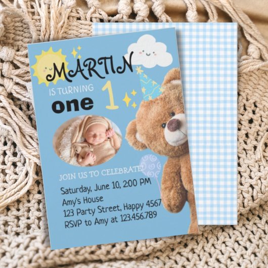 Invitation Nounours Blue Custom Photo Boy 1er anniversaire