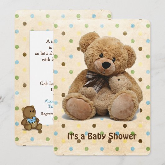 Invitation Nounours Brown sur Baby shower Pois (Devant / Derrière)
