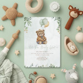Invitation Nounours Brun Sauge Verte Ballons Bébé