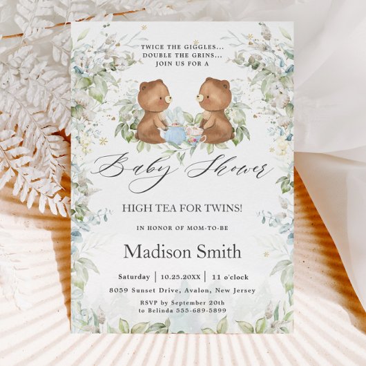 Invitation Nounours Chic High Tea Party Jumeaux Baby shower