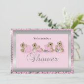 Invitation Nounours de Damas argenté et rose | Baby shower (Debout devant)