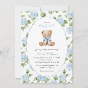 Invitation Nounours en peluche, Nœud papillon bleu, Fleurs bl