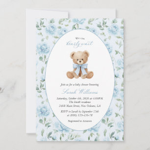 Invitation Nounours en peluche, Nœud papillon bleu, Fleurs bl