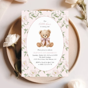 Invitation Nounours en peluche, Nœud rose, Fleurs roses, Prem