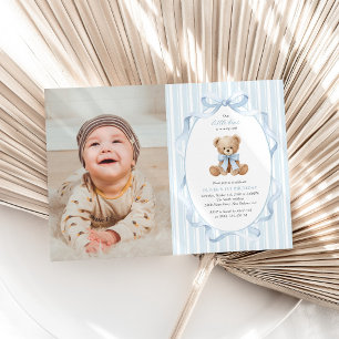 Invitation Nounours, Nœud Bleu, Rayures Bleues, Premier Anniv