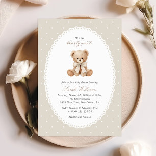 Invitation Nounours, Nœud, Points beige, Baby Shower