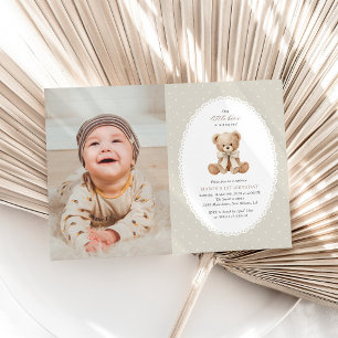 Invitation Nounours, Nœud, Points beige, Premier Anniversaire