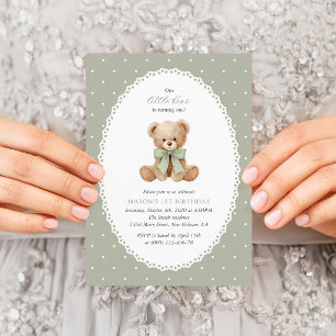 Invitation Nounours, Nœud, Points verts, Premier Anniversaire