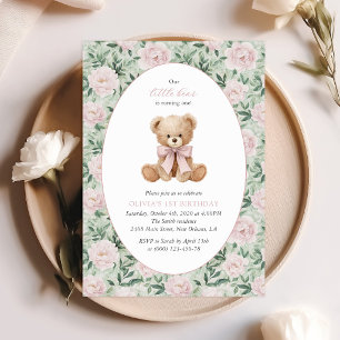 Invitation Nounours, Nœud Rose, Fleurs Roses, Premier Anniver