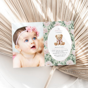 Invitation Nounours, Nœud Rose, Fleurs Roses, Premier Anniver