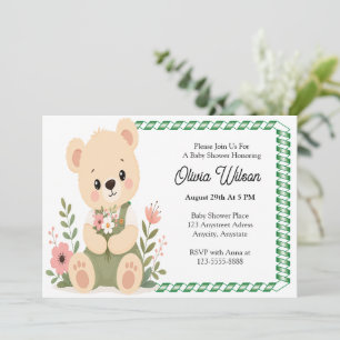 Invitation Nounours ours en peluche tenant un bouquet de fleu