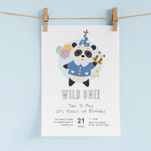 Invitation Nounours Panda Sauvage Bleu 1er Anniversaire