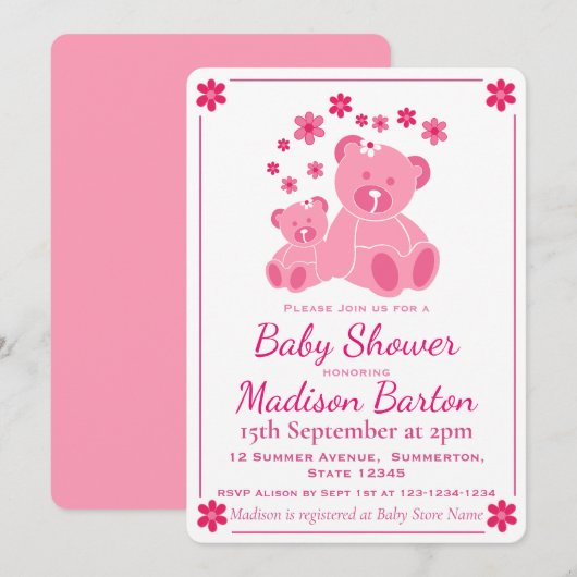 Invitation Nounours rose mignon Baby shower fille (Devant / Derrière)