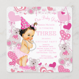 Invitation Nounours roses Hearts Girls 3e fête d'anniversaire