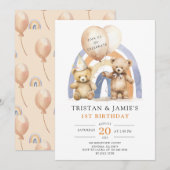 Invitation Nounours Twins 1er Anniversaire Aquarelle (Devant / Derrière)